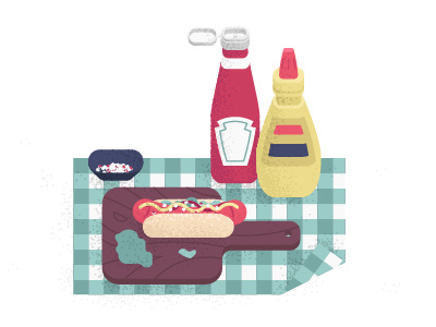 Hot Dog cutting board hot dog illustration ketchup lettuce mishax mishaxgraphic mustard picnic tablecloth onions vector
