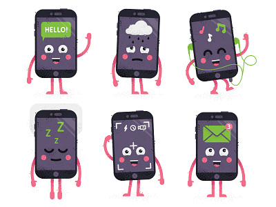 Phone character set cellular character device emotions happy illustration mail music phone selfie set stickers