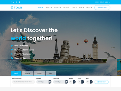 Toor - Travel Booking HTML5 Template booking booking car bootstrap car cruise dashboard flight flight booking hotel html5 responsive tour travel