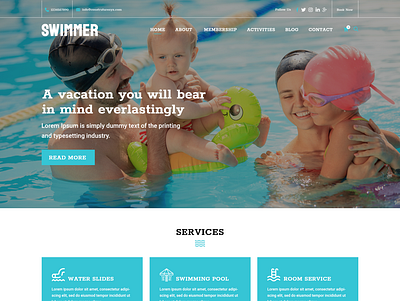 Swimmer -water park website PSD Template adventures agency aquapark branding design diving center illustration logo responsive theme water park website website