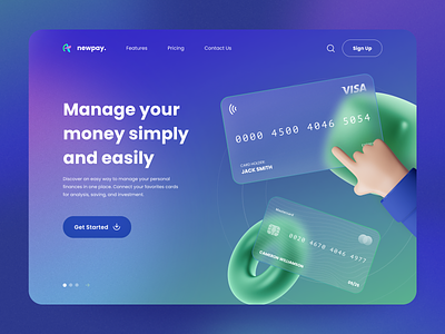Newpay - Hero Header bank card banking cards clean colors glass credit card glass effect glassmorphism green landing payment payment app purple ui wallet web design web page