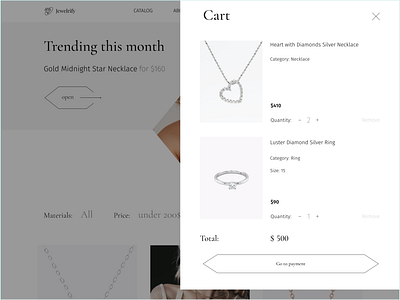 Cart sidebar for Online Jewelry store cart checkout concept design e commerce jewelry light market pay page payment product page redesign ui ux wallet web design website