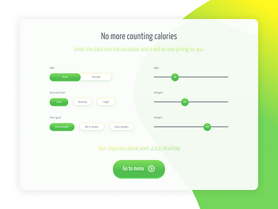 Calories Calculator for Food Delivery Service calculator calories carbs counter diet e commerce food delivery healthy food login menu modern nutrition process sign up steps ui ux web design website weight loss