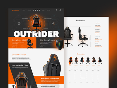 Landing Page for Cougar Gaming Chair "OUTRIDER" branding bright chair colorful comparison cybersport dark e commerce esports furniture gaming light modern orange product page table ui ux web design website