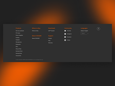 Footer: Cougar Gaming Chair Landing Page about call to action colorful contact dark e commerce gaming header home page landing page links menu modern navigation product page trend ui ux web design website