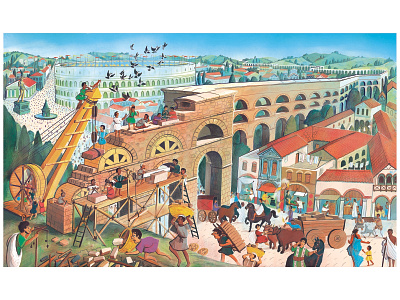 Constructing a Roman Aquaduct ancient aquaduct background art childrens book history illustration kids book licensing migy picture book roman rome