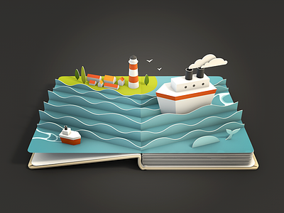 Sea 3d book icon ios paper pop up render sea ship