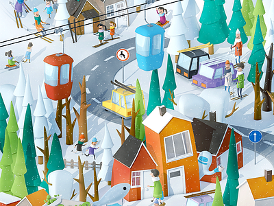 Winter Wonderland 3d cars characters christmas city illustration lowpoly map render ski village