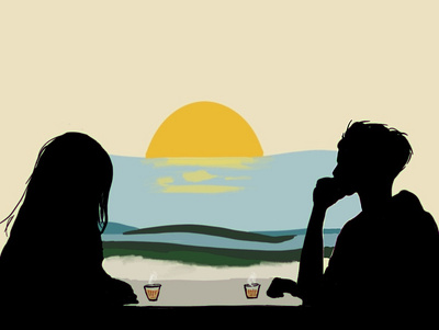 Sunrise character couple design illustration procreate sea shore sunrise tea