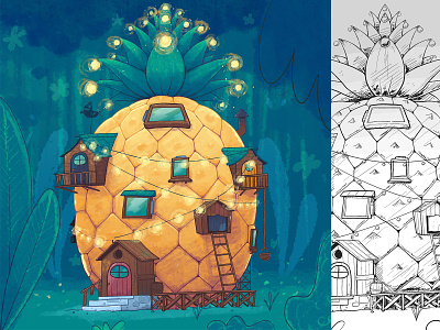 Pineapple House in Deep Forest cartoon concept cozy cute house illustration pineapple sketch small stylized warm