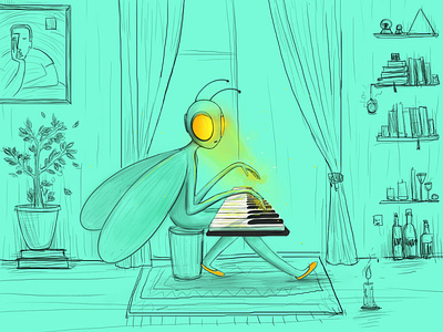 My little world artist bee character fairytale hellodribble illlustrator illustration melancholic mini music musician piano vector yellow
