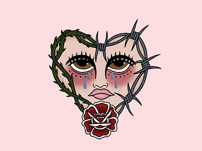 LOVE HURTS II barbed wire design heart illustration logo merch design minimal pink rose sad tattoo texture thorns