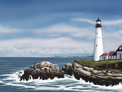 Lighthouse берег ветер волны иллюстрация камни картина маяк море небо природа скалы стихия шторм