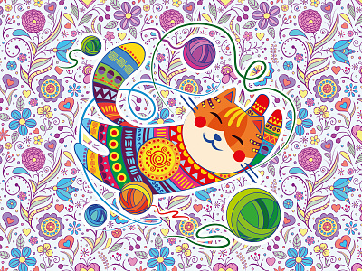 Funny Cat design вектор векторная графика иллюстрация кот нитки персонаж смешной кот узор цветы
