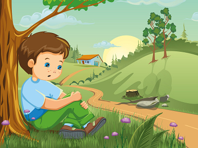 Boy design вектор векторная графика деревня детская иллюстрация дорога иллюстрация мальчик мультфильм пейзаж персонаж сказка сюжет цветы