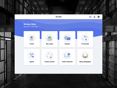 Home page - Interface for inmates (French ministry of justice) administration cards cards ui case studies case study dashboard dashboard ui homepage material design material ui personnal space prison shape elements tablet app tablet design waves
