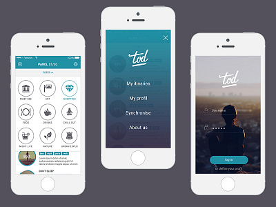 Tod (trip on demand) - Mobile app concept backpack filter flat holidays icons in ios log menu mobile travel trip