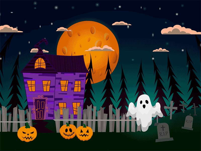 Halloween night 2d animation after effect animation cute ghost halloween house illustration illustrator moon night pumpkin scary stars vector