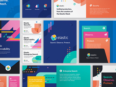 Search. Observe. Protect. Solutions branding development. branding collateral data visualization iconography observability patterns products search security solution