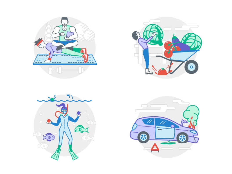 More silly situational illustrations car car trouble characters gardening gym illustration juggling people personal trainer situational vegetables