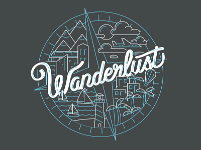 Wanderlust cityscape compass hand letter illustration line work mountains ocean plane script travel voyage wanderlust