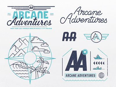 Arcane Adventures airplane compass hand letter luggage monogram mountain palm tree script travel wave wing world