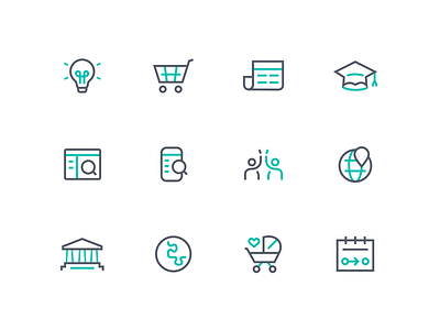 Marketing Site Iconography Exploration desktop globe glyph high five icon iconography lightbulb logo mobile shopping cart ui