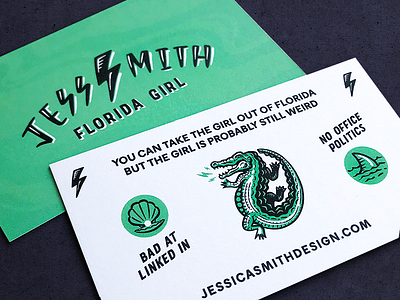Florida Girl Business Card alligator branding hand lettering illustration lightening bolt logo office politics shark shell typography