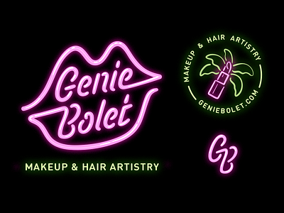 Genie Bolet - Makeup & Hair Artistry 80s beauty branding hair stylist hand lettering lips lipstick lock up logo miami monogram neon font neon sign palm tree script tropical typography