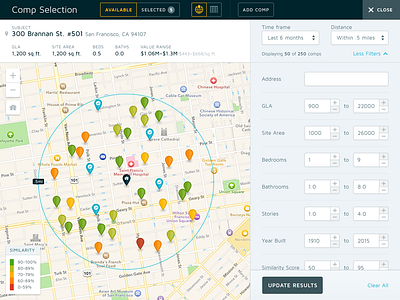Comp Selection appraisal filters map pins real estate ui