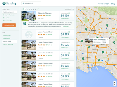 Parting - Search Results funeral home map search results ui