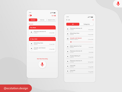 Voice Recorder App, Default Mode (Home & List) design flat design icon illustration mobile mobile app mobile app design mobile design mobile ui recorder ui ui ux ui design uidesign uiux ux ux design uxdesign voice voice recorder