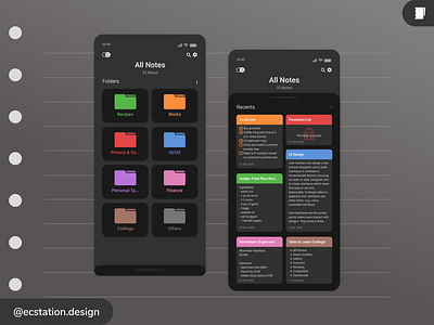 Mobile Notes App UI Design Exploration (Dark Theme 1) design mobile mobile app mobile app design mobile application mobile design mobile ui note notes notes app notes widget ui ui ux ui design uidesign uiux ux ux design uxdesign vector