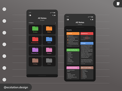 Mobile Notes App UI Design Exploration (Dark Theme 1)