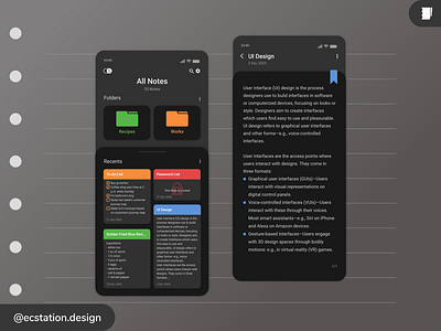 Mobile Notes App UI Design Exploration (Dark Theme 2)