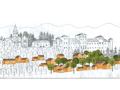 Hillside village hill hillside illustration italy sketch trees vector village