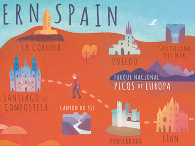 Road trip through Northern Spain holiday illustration map motorcycle on the road spain summer travel