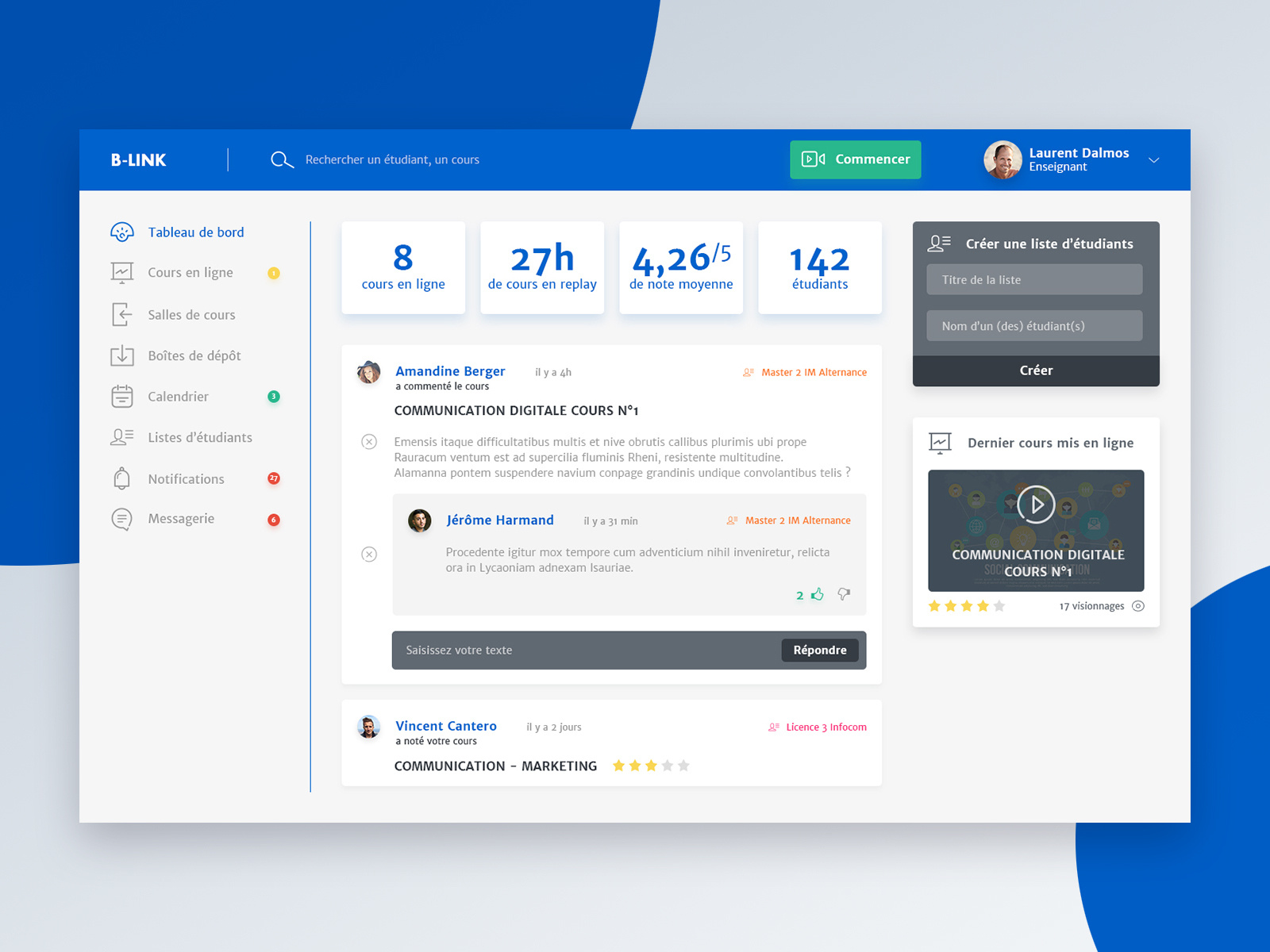 Moodle Concept 2016 Teacher Dashboard by François F. on Dribbble
