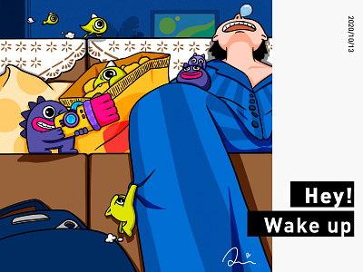 Wake up！ flat illustration monster