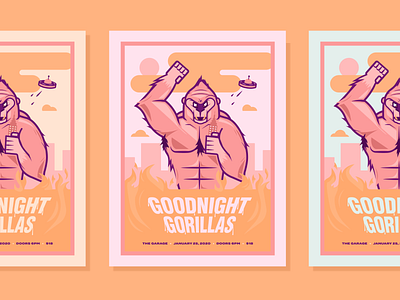 Goodnight Gorillas Band Poster aliens band band poster city cream creative design fire goodnight gorilla graphicdesign illustration pink poster type vector