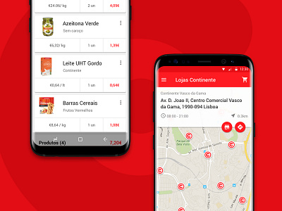 Interface: Continente's grocery list and store locator.