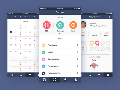 Headspace Redesign activity calendar discover medals meditation navigation profile schedule tab bar ui user ux