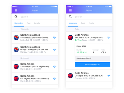 Travel view cards expanded row flights icons mail messages travel