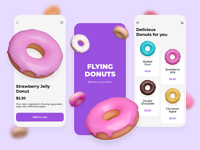 Flying Donuts 3d app application blender card clear ui delivery donuts inspiration interface ios ios app design iphone mobile app ui ux