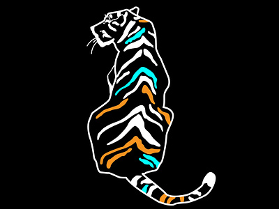 Neon tiger black contour cyan design digital art hand drawn illustration orange tiger