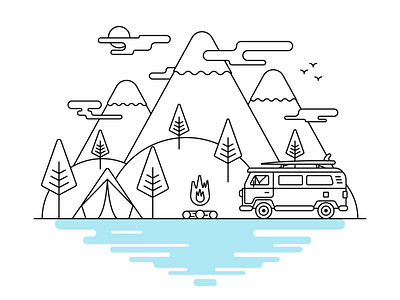 Camping scene digital illustration flat illustration illustration art illustrator lineart linework vector