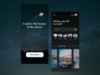 Travel App Concept app design dark mode dark theme mobile product design travel travel app ui ui design uiux ux