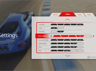 DailyUI Challenge 007 - Settings Menu daily 100 challenge dailyui dailyui 007 dailyuichallenge game settings racing game settings settings page settings ui ui ui design