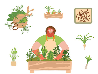 Gardener tending herbs botanical character gardener graphic design green illustration logo