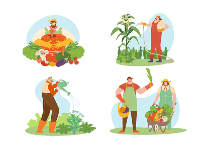 Set of farmers planting crops and gathering harvest botanical character design farmer flowers gardener graphic design green harvest illustration set tools wheelbarrow